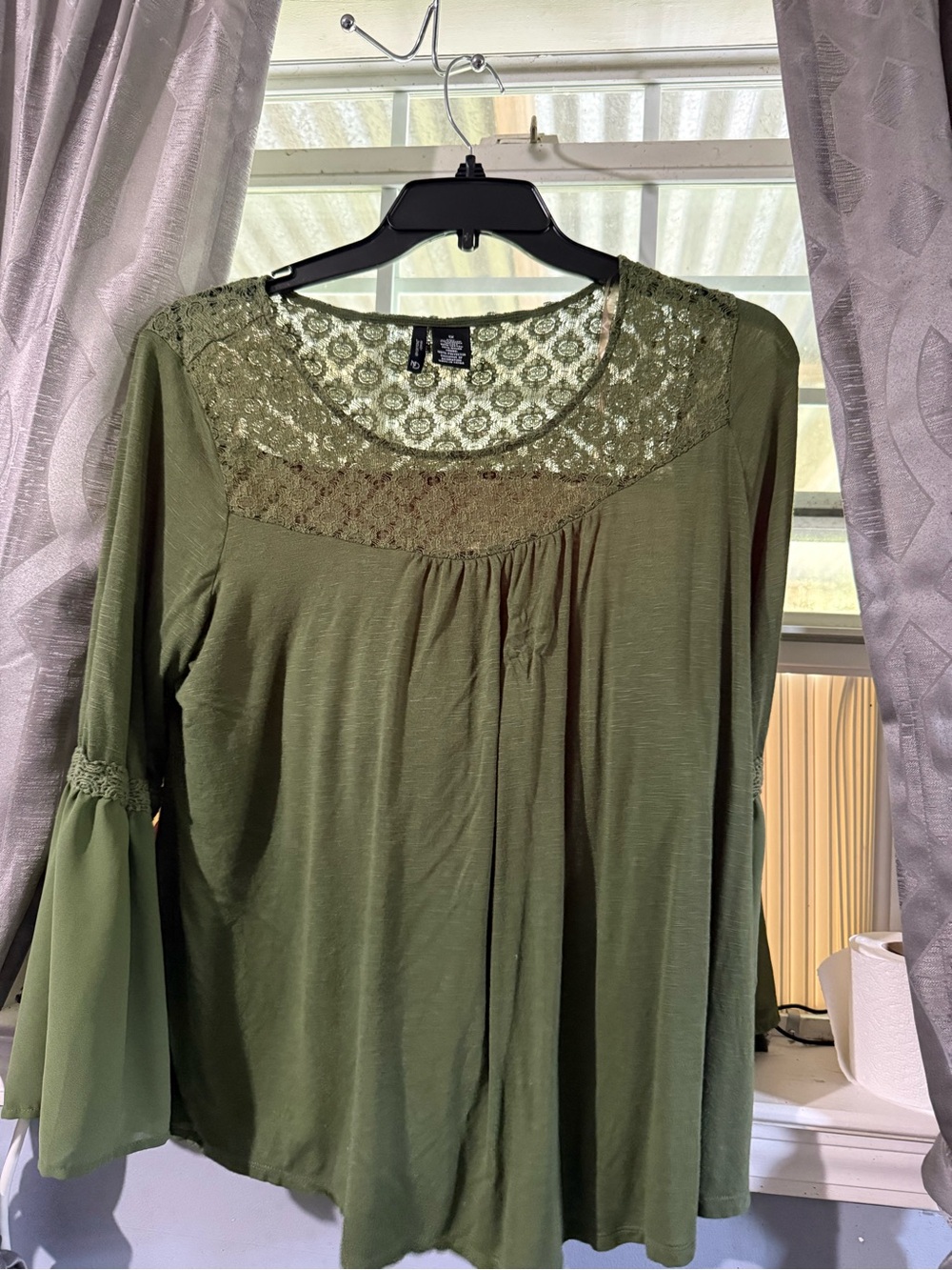 new directions Olive Green Lace Yoke Long-Sleeve Top